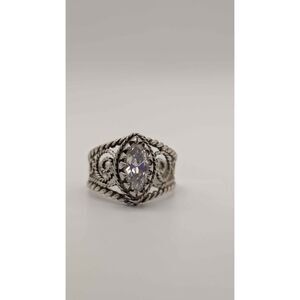 Vintage Clear Marquise Stone Filigree Style Sterling Silver Ring Size 5 3/4